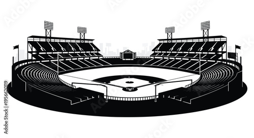 A striking black and white illustration depicting a baseball stadium with a detailed infield and surrounding stands silhouette high quality professional