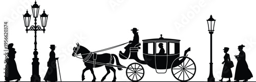 Black and white silhouette illustration of horse-drawn carriage with pedestrians and vintage street lamps, symbolizing history, fashion, and 19th century urban life.