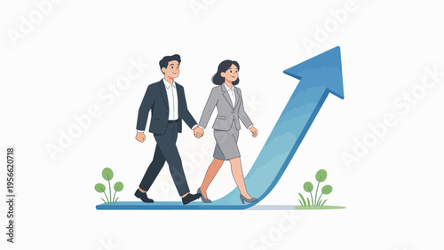 Business couple walking on growth arrow