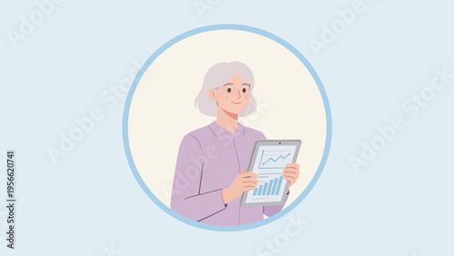 Illustration of woman with tablet displaying graphs
