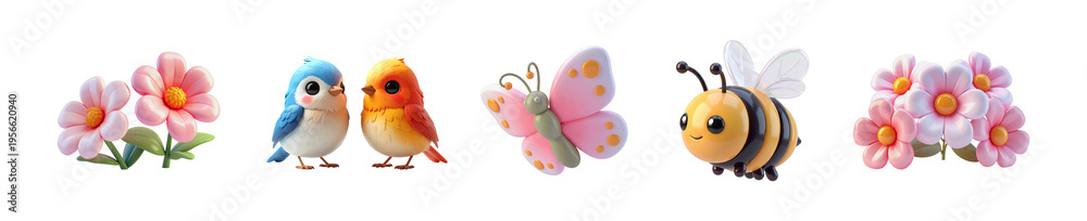 Fototapeta premium 3d spring or summer garden nature icons set, glossy plastic flowers, cute birds, butterfly and bee in claymorphism style isolated. 3d rendering. PNG transparent background