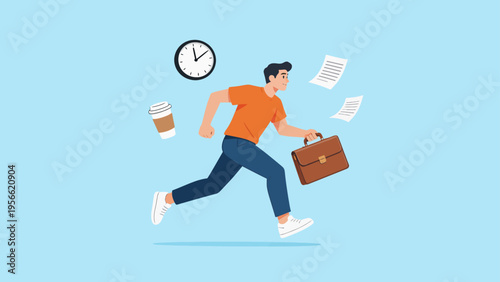 Man running with briefcase and coffee