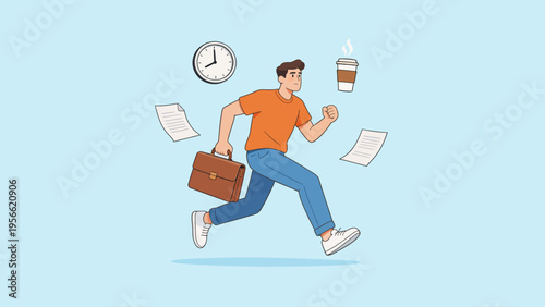 Man running with briefcase papers and coffee
