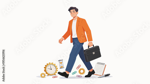 Businessman with briefcase and office items