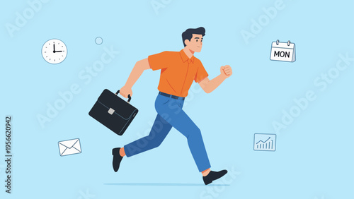 Man running with briefcase and icons