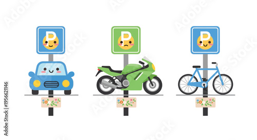 Cute cartoon vehicles parked beneath smiling parking signs