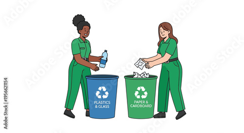 Two women sorting recycling into labeled bins for environmental sustainability