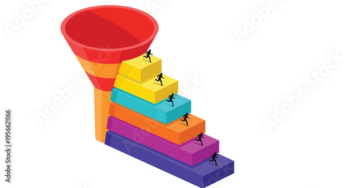 People climbing steps forming a funnel representing a process or pipeline