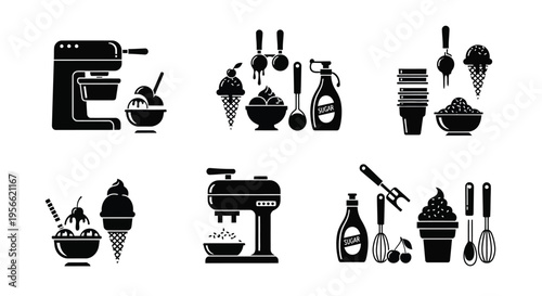 Black silhouette icons depicting ice cream making equipment and dessert elements