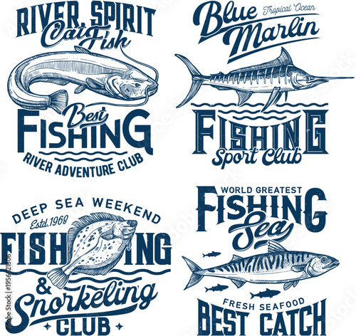 Vintage Fishing Club T-Shirt Print Set Retro Ocean Fish Typography Badge Vector Collection