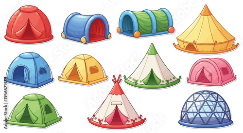 Colorful collection of various cartoon tents and shelters isolated on white