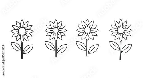Four simple line art daisy flowers with stems and leaves stand upright in a horizontal row on a bright white background for design.