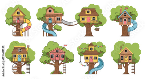 Colorful treehouses connected by bridges and slides in a playful scene