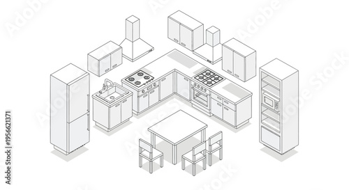 Isometric illustration of a modern kitchen layout with appliances and furniture