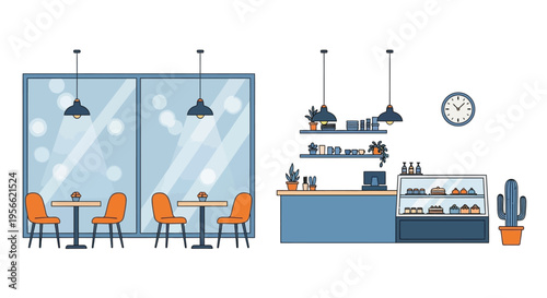 Illustration of a cozy cafe interior with tables counter and decor
