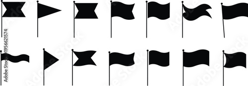 Black Flag Silhouette Set with Waving Pennant and Rectangle Shapes Vector Icons for Sports Events Competition Map Markers Isolated on White Background Graphic Design
