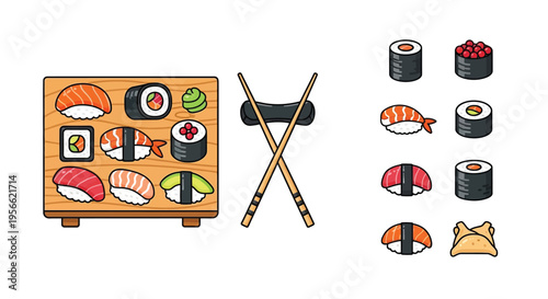 A colorful arrangement of various sushi rolls and accompanying accessories