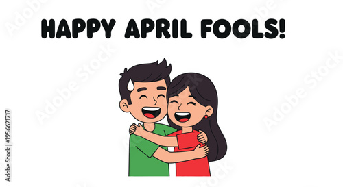 Happy april fools day illustration featuring a couple embracing joyfully
