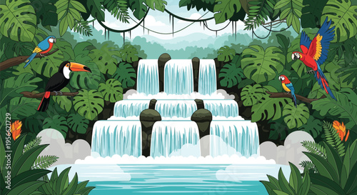Flat Design Tropical Rainforest Waterfall Scene with Toucan, Macaw Parrots and Exotic Jungle Foliage Vector Illustration