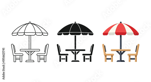 Three variations of a patio table and chairs with an umbrella