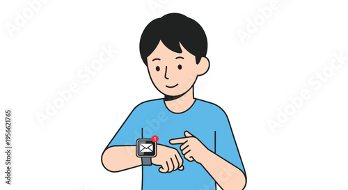 A young man points at a smartwatch on his left wrist displaying an email notification icon with a red number one.