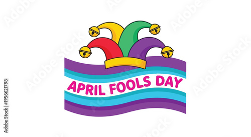 Colorful jester hat illustration with a ribbon displaying april fools day