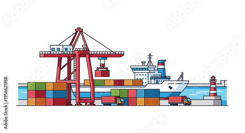 A large container ship is docked at a bustling cargo port with a red gantry crane, trucks, and a lighthouse.