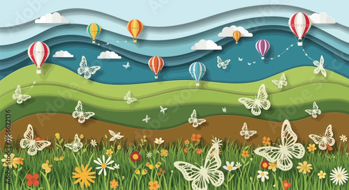 Paper Cut Style Spring Meadow Landscape with Butterflies, Hot Air Balloons, Wildflowers and Layered Rolling Hills Vector Illustration