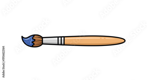 A wooden paintbrush with a blue paint-covered tip is horizontally oriented on a clean white background.