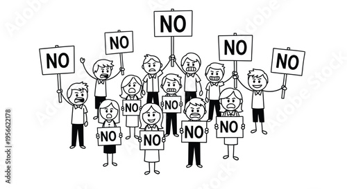 A group of diverse cartoon people holding signs shouting the word "NO" in protest against an unidentified issue demanding refusal.