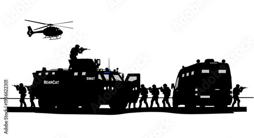 A dramatic black silhouette capturing a highly coordinated SWAT team operation, featuring heavily armed officers advancing alongside robust armored vehicles like a BearCat and a tactical bus