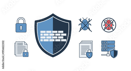 Security icons including a padlock, a firewall shield, bug symbols, documents, and a server rack are arranged on a white surface.