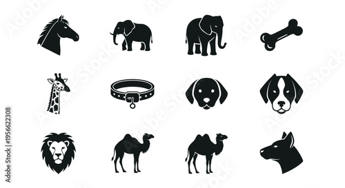 Collection of twelve black silhouette icons representing various animals and pet accessories displayed against a white background for.
