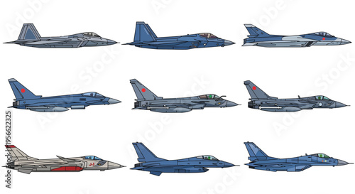 Vector Blue Combat Aircraft Bundle, Military Fighter Jet Airplane Various Models Side View Flat Illustration Set