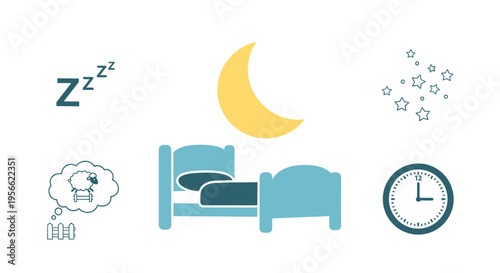 A light blue bed is surrounded by various sleep-related icons on a clean white background.