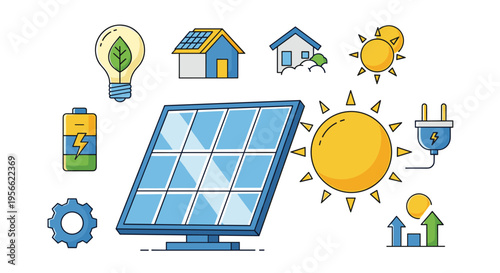 A large solar panel is surrounded by nine icons representing solar energy and power on a white background.