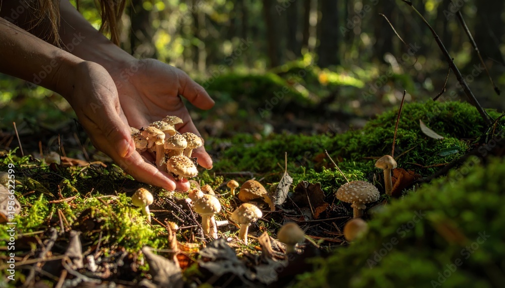 Obraz premium Close-up of human hands gently gathering a vibrant cluster of freshly picked wild mushrooms from a sunlit forest floor, highlighting an earthy harvest.