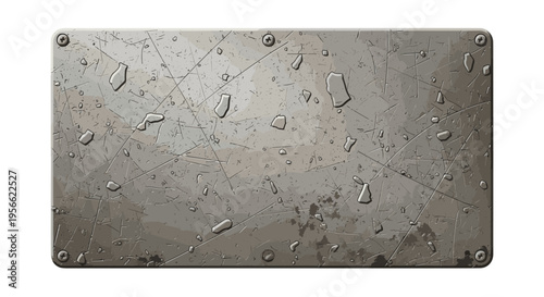 A rectangular, weathered metal plate with a distressed, scratched, and stained texture, featuring four screws in its corners, is set against a white background.