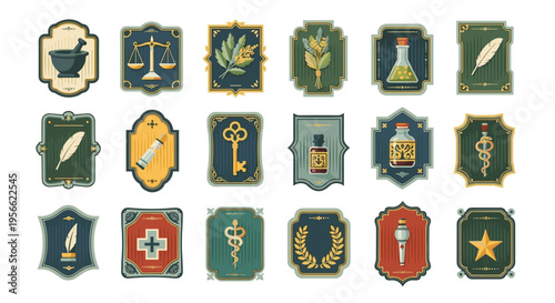 A grid of eighteen ornate, vintage-style labels featuring alchemical and apothecary symbols like a mortar and pestle, scales, and plants, is displayed on a white background.