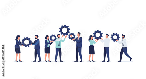 Eight business people, four men and four women, stand in a line holding and connecting dark blue gears of various sizes on a white background.