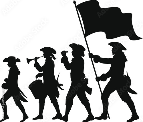 Black Revolutionary War Soldier Silhouette Set with Flag Drummer and Trumpet Player Vector for Historical Military Parade Celebration Isolated on White Background Graphic Design