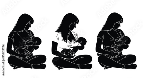 Three silhouettes show a mother sitting cross-legged while breastfeeding her infant child in different stylistic representations.