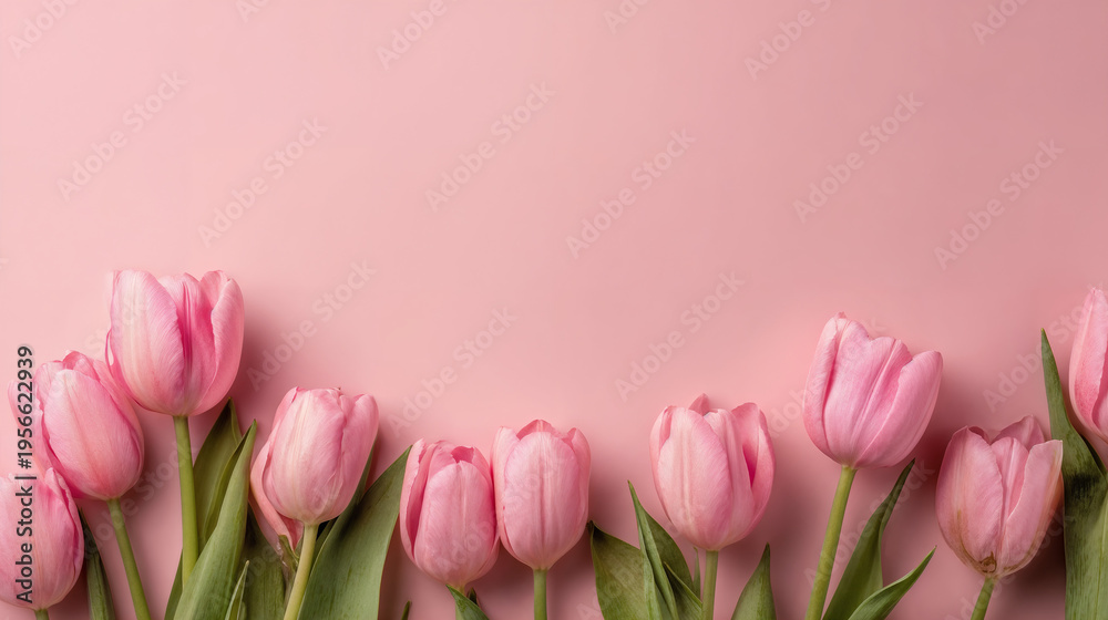 Obraz premium Soft pink tulips border on blush background with elegant copy space for spring floral design 