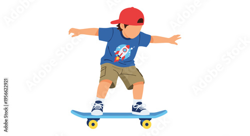 A young child wearing a red cap and blue shirt balances on a light blue skateboard against a plain white background.