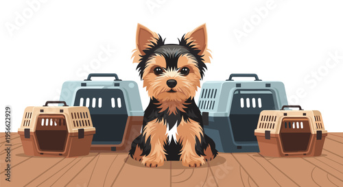 A small Yorkshire Terrier puppy sits on a wooden floor in front of three pet carriers against a white background.