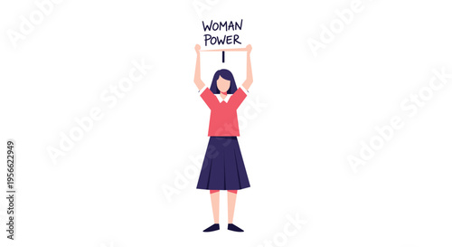 A woman with dark hair stands holding a WOMAN POWER sign above her head against a plain white background.