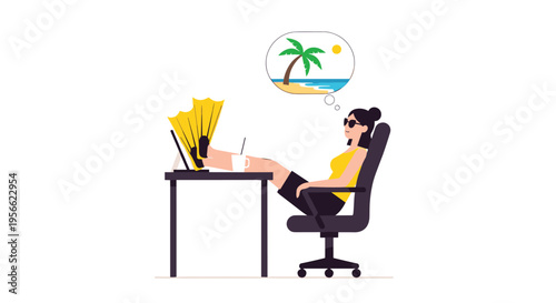 A woman with flippers on her feet sits at a desk dreaming of a tropical beach while working on a laptop.