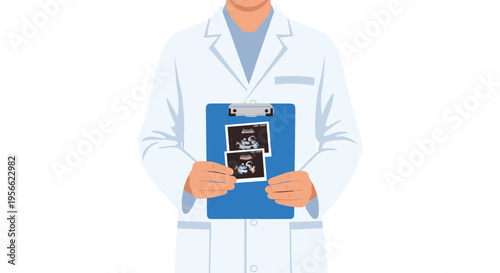 A doctor in a white lab coat holds a blue clipboard with two ultrasound images against a plain white background.