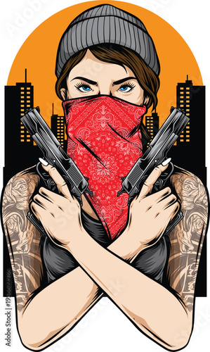 Tattooed Urban Gangster Woman Holding Two Guns with Red Bandana Mask, Street Style Pop Art Vector Illustration