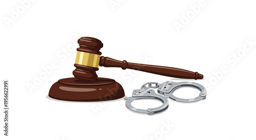 A brown wooden gavel with a golden band rests on its base next to a pair of silver metal handcuffs on a white background.